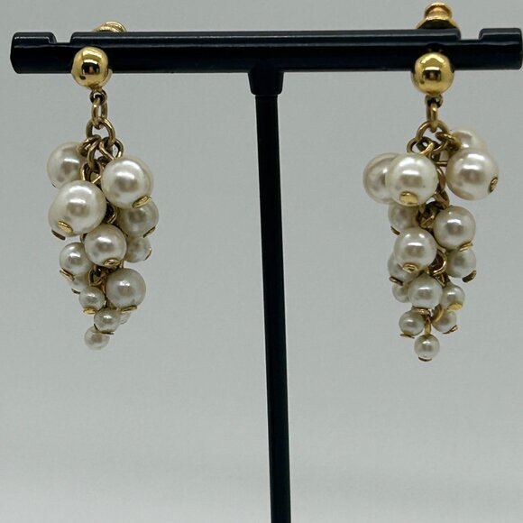 Vintage Faux Pearl Cluster Earrings Gold-Tone Dangle Wedding Prom Elegant - Picture 1 of 14